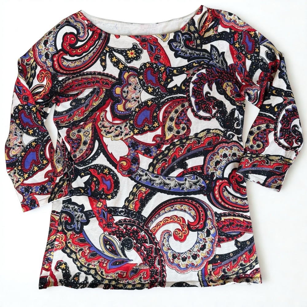 Silk Blend Paisley Print Top Red Purple Boho Long Sleeve Size Small